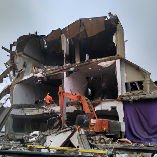 תמונה של בניין נהרס, עם עובדים בציוד מגן מלא.