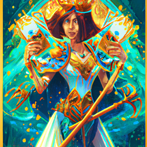 קלף טארוט צבעוני המתאר אישה מוכתרת אוחזת בשתי חרבות.