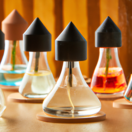 תמונה של מגוון שמנים מפיצי ריח בבקבוקי זכוכית עם רקע עץ