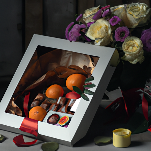 תמונה של זר פרחים טריים וקופסת שוקולדים