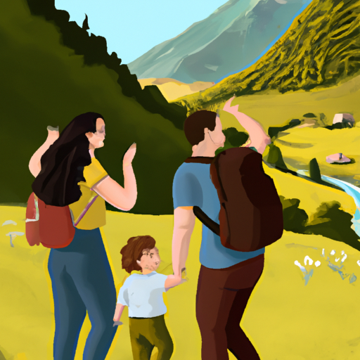 איור של משפחה נהנית מפעילות חיצונית בקוטאיסי, כמו טיול רגלי בהרים הסמוכים