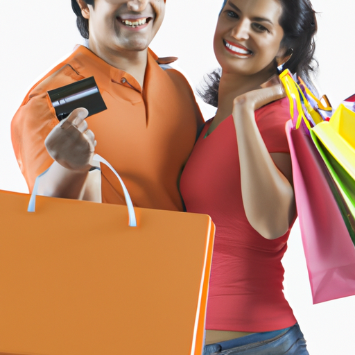 זוג חייכן אוחז בכרטיס האשראי CashBack ושקית קניות מלאה ברכישות.