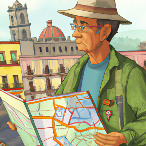 תייר המתייעץ עם מפה ומדריך בטיחות בעיר מקסיקנית עמוסה