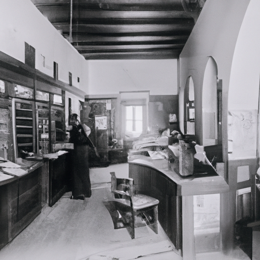 תמונה ישנה בשחור-לבן של סניף הדואר הראשון בישראל, הממחישה את ראשיתו הצנועה של שירות הדואר.