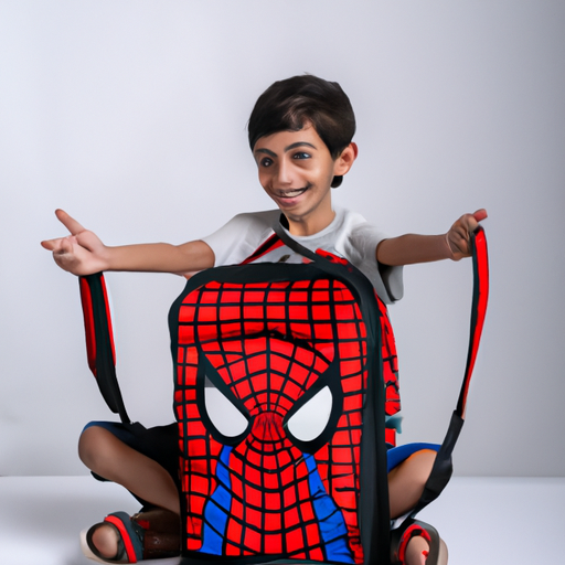 תמונה של ילד מציג בהתרגשות את תיק בית הספר שלו בנושא ספיידרמן.