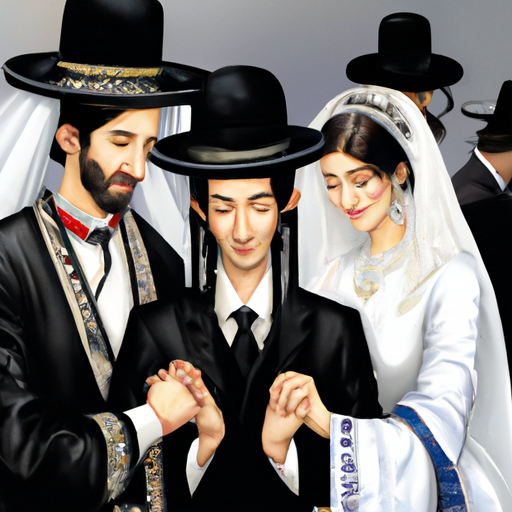 איור של חתונה יהודית חרדית, המציגה לבוש ומנהגים מסורתיים